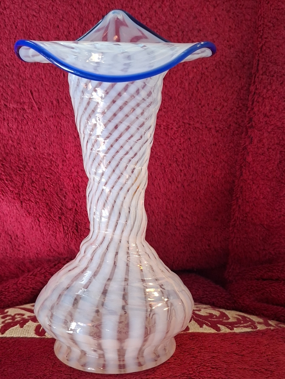 Fenton Blue Ridge Crest Vase White Swirled Design with Ruffled Cobalt Edge 1939